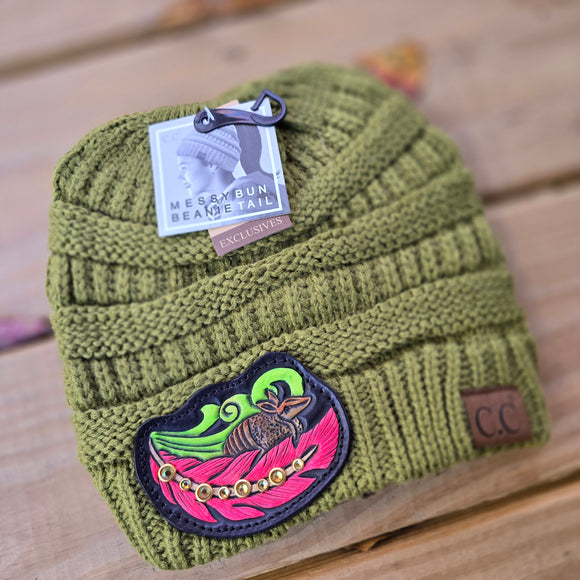 Moss Green Beanie -Messy Bun  - Armadillo